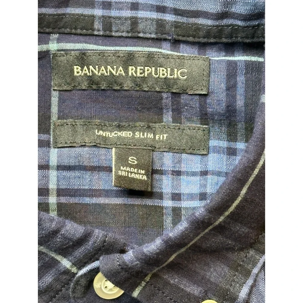 Banana Republic Shirt Mens S Blue Plaid Untucked Slim Fit Long Sleeve Cotton